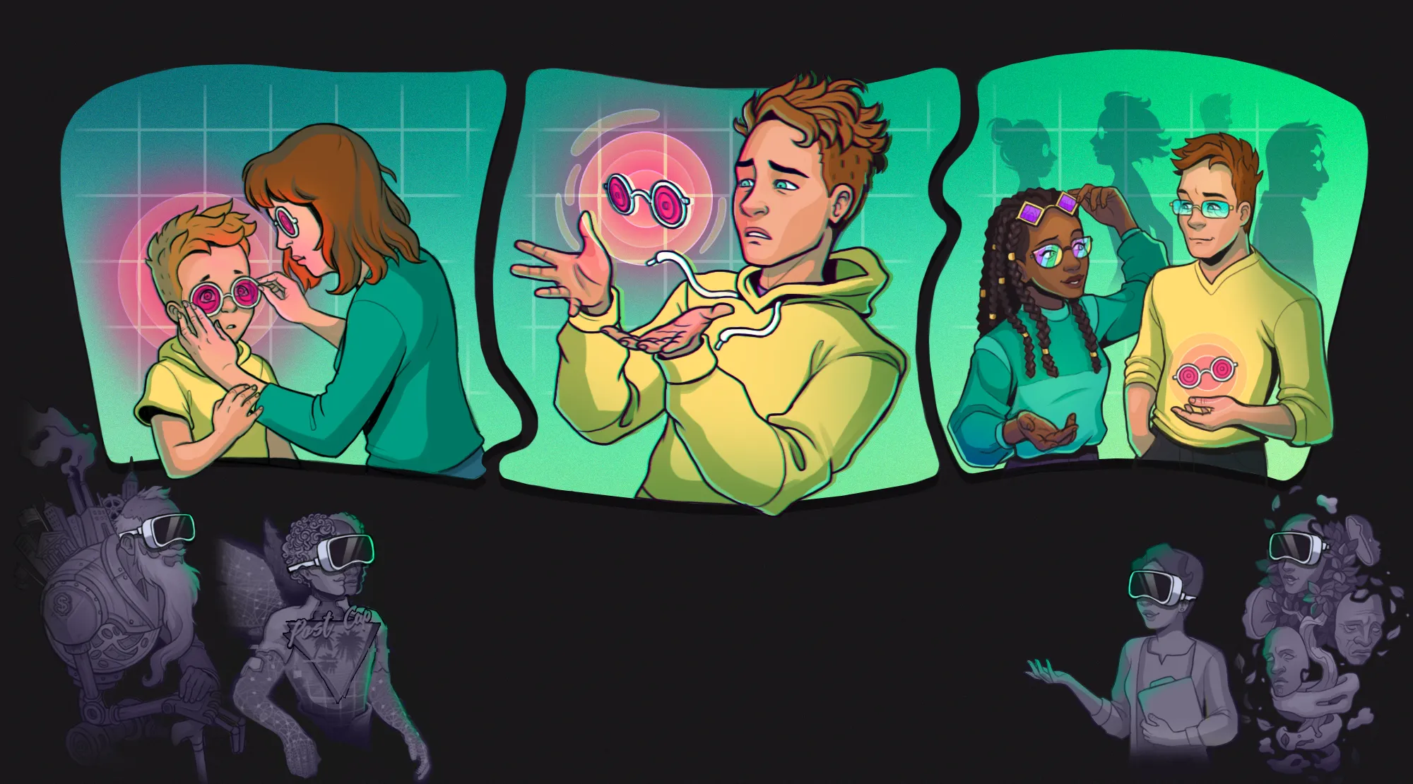 Illustration of growing up and trying on different perspectives, represented as glasses